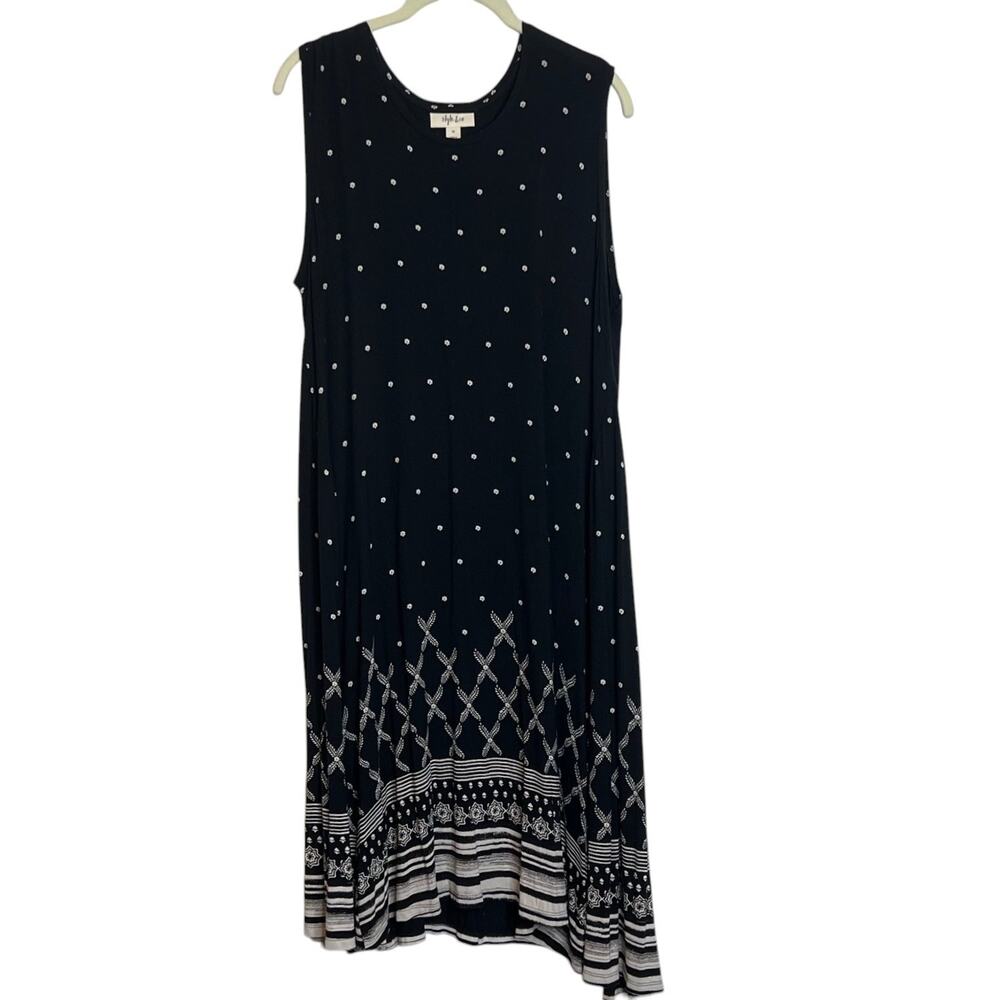 Style & Co Womens Midi Dress 1X Blue Tiny Floral Sleeveless Asymmetric Hem
